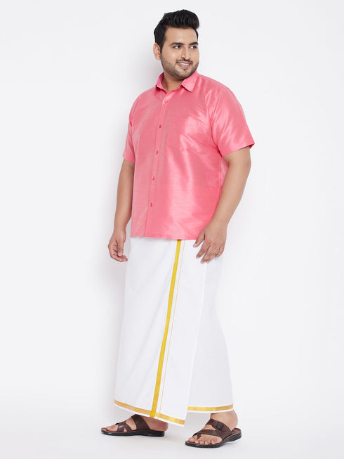 Vastramay Men's Plus Size Pink And White Silk Blend Shirt And Mundu Set