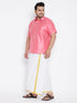 Vastramay Men's Plus Size Pink And White Silk Blend Shirt And Mundu Set