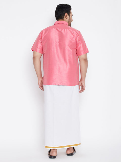Vastramay Men's Plus Size Pink And White Silk Blend Shirt And Mundu Set