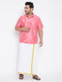 Vastramay Men's Plus Size Pink And White Silk Blend Shirt And Mundu Set