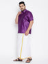 Vastramay Men's Plus Size Purple And White Silk Blend Shirt And Mundu Set