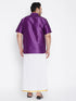 Vastramay Men's Plus Size Purple And White Silk Blend Shirt And Mundu Set