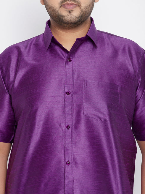 Vastramay Men's Plus Size Purple And White Silk Blend Shirt And Mundu Set