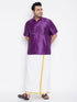 Vastramay Men's Plus Size Purple And White Silk Blend Shirt And Mundu Set