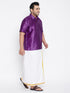 Vastramay Men's Plus Size Purple And White Silk Blend Shirt And Mundu Set