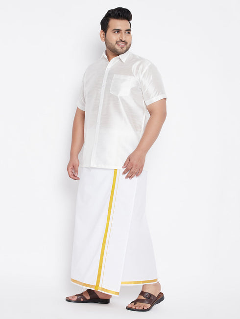 Vastramay Men's Plus Size White Silk Blend Shirt And Mundu Set