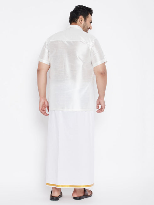 Vastramay Men's Plus Size White Silk Blend Shirt And Mundu Set