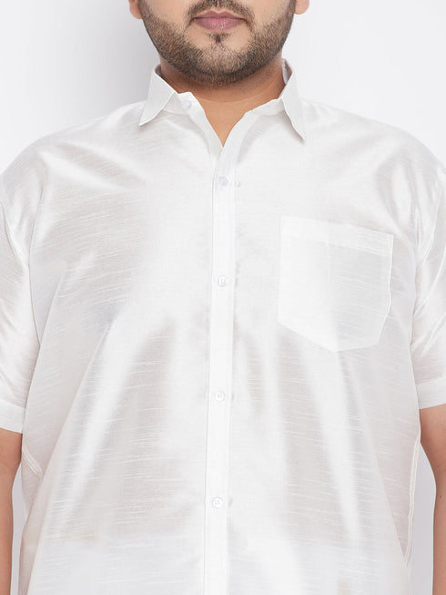 Vastramay Men's Plus Size White Silk Blend Shirt And Mundu Set