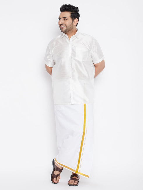 Vastramay Men's Plus Size White Silk Blend Shirt And Mundu Set
