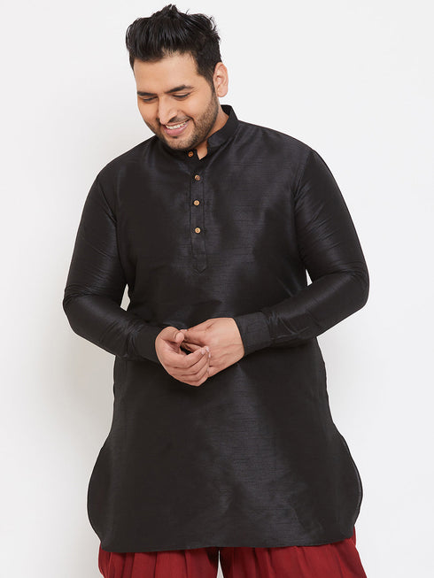 Vastramay Men's Plus Size Black Silk Blend Curved Kurta