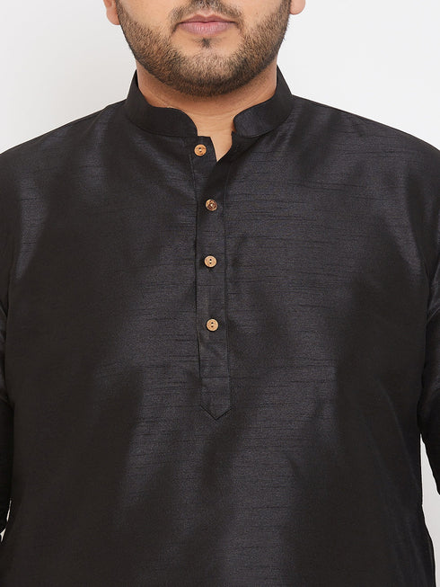 Vastramay Men's Plus Size Black Silk Blend Curved Kurta Dhoti Set