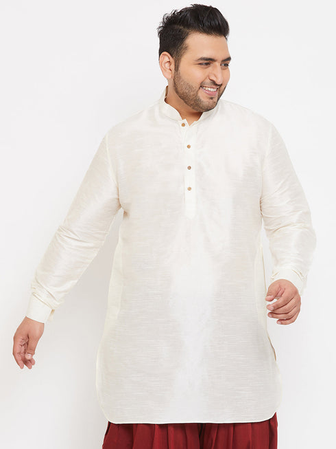 Vastramay Men's Plus Size Cream Silk Blend Curved Kurta