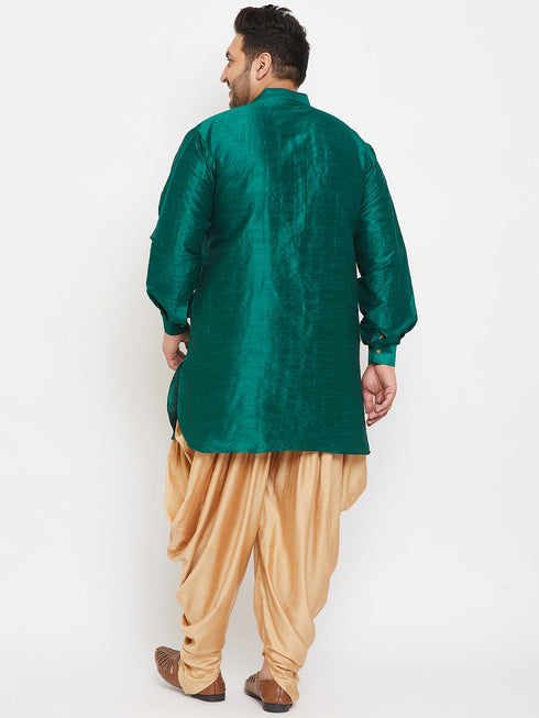 Vastramay Men's Plus Size Green Silk Blend Curved Kurta Dhoti Set
