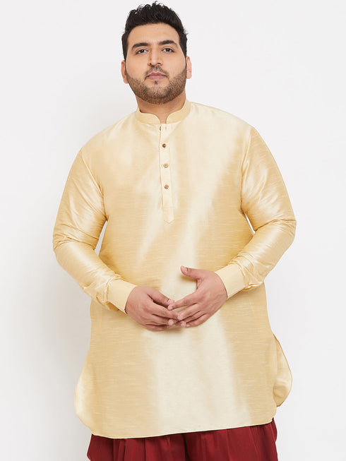 Vastramay Men's Plus Size Golden Silk Blend Curved Kurta