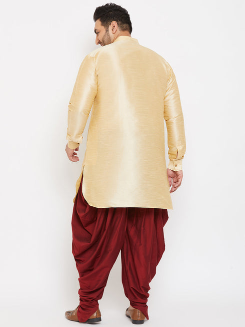 Vastramay Men's Plus Size Golden Silk Blend Curved Kurta Dhoti Set