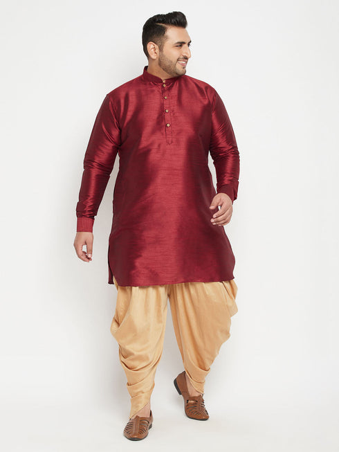 Vastramay Men's Plus Size Maroon Silk Blend Curved Kurta Dhoti Set