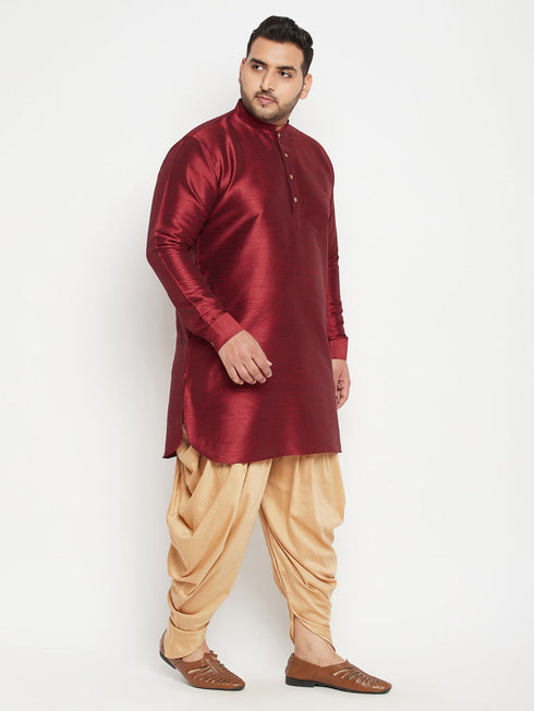 Vastramay Men's Plus Size Maroon Silk Blend Curved Kurta Dhoti Set