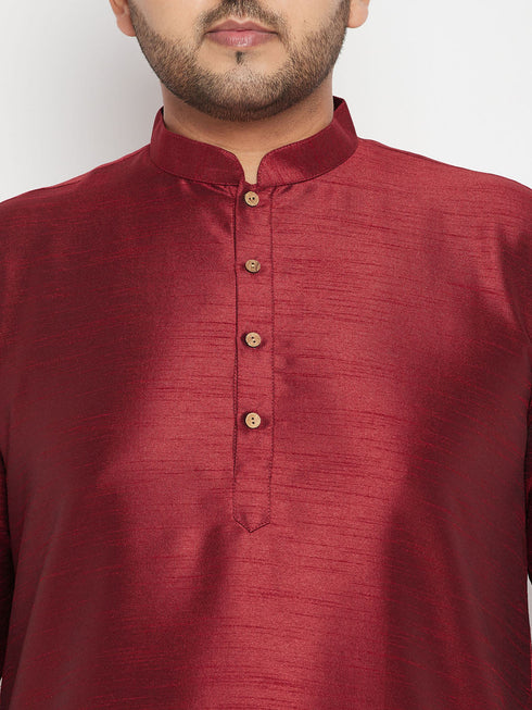 Vastramay Men's Plus Size Maroon Silk Blend Curved Kurta Dhoti Set