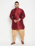 Vastramay Men's Plus Size Maroon Silk Blend Curved Kurta Dhoti Set