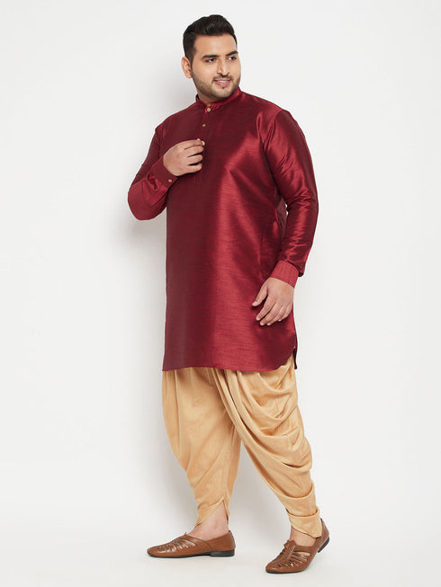 Vastramay Men's Plus Size Maroon Silk Blend Curved Kurta Dhoti Set