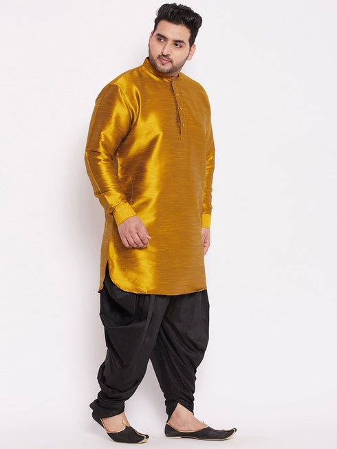 Vastramay Men's Plus Size Mustard Silk Blend Curved Kurta Dhoti Set