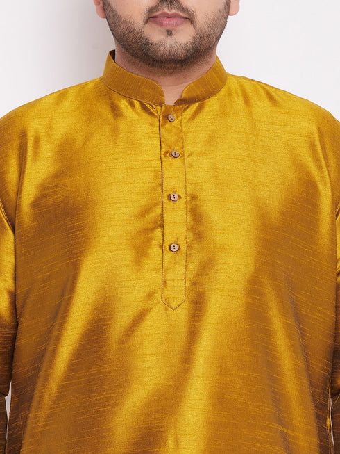 Vastramay Men's Plus Size Mustard Silk Blend Curved Kurta Dhoti Set
