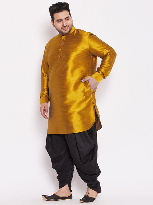 Vastramay Men's Plus Size Mustard Silk Blend Curved Kurta Dhoti Set