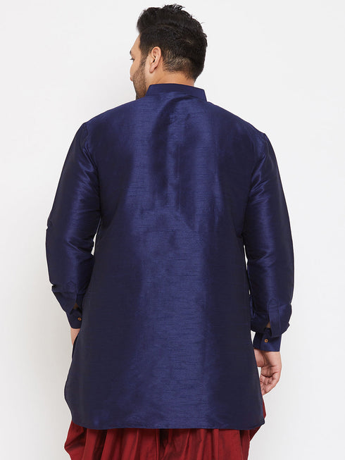 Vastramay Men's Plus Size Navy Blue Silk Blend Curved Kurta