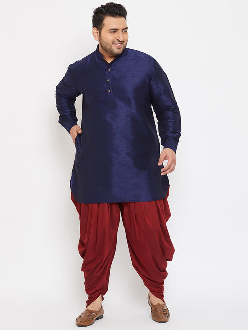 Vastramay Men's Plus Size Navy Blue Silk Blend Curved Kurta