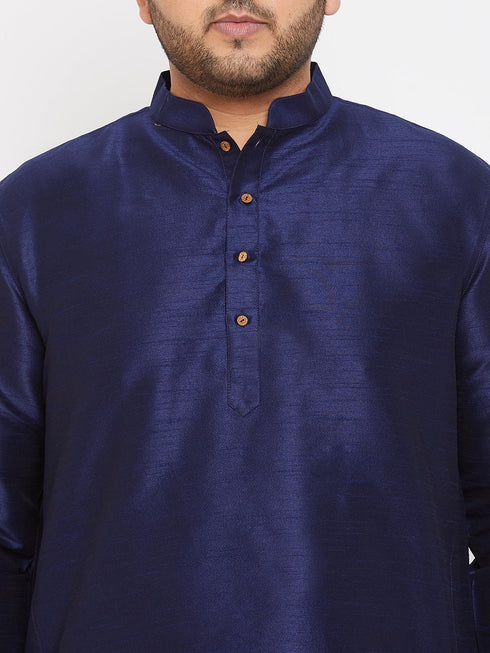 Vastramay Men's Plus Size Navy Blue Silk Blend Curved Kurta Dhoti Set
