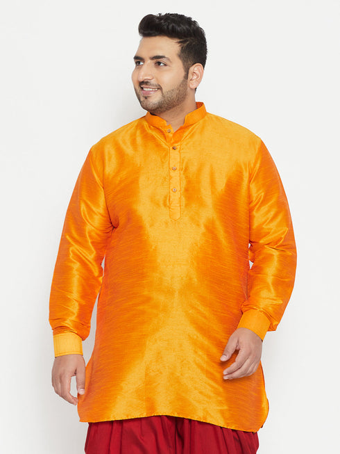 Vastramay Men's Plus Size Orange Silk Blend Curved Kurta