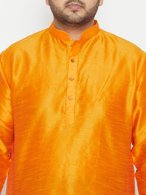 Vastramay Men's Plus Size Orange Silk Blend Curved Kurta