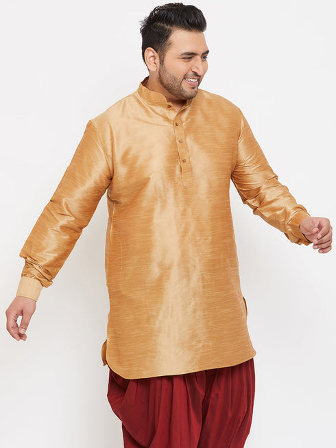 Vastramay Men's Plus Size Rose Gold Silk Blend Curved Kurta
