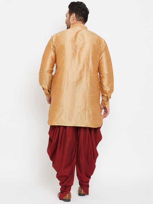 Vastramay Men's Plus Size Rose Gold Silk Blend Curved Kurta Dhoti Set