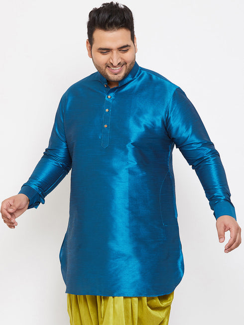 Vastramay Men's Plus Size Turquoise Silk Blend Curved Kurta