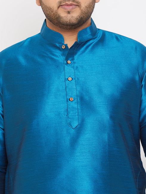 Vastramay Men's Plus Size Turquoise Silk Blend Curved Kurta