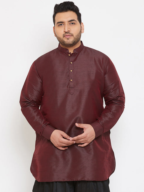 Vastramay Men's Plus Size Wine Silk Blend Curved Kurta
