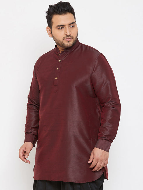 Vastramay Men's Plus Size Wine Silk Blend Curved Kurta