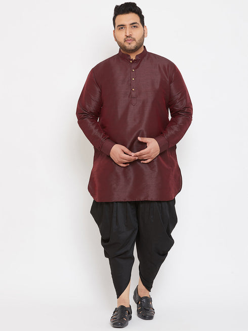 Vastramay Men's Plus Size Wine Silk Blend Curved Kurta