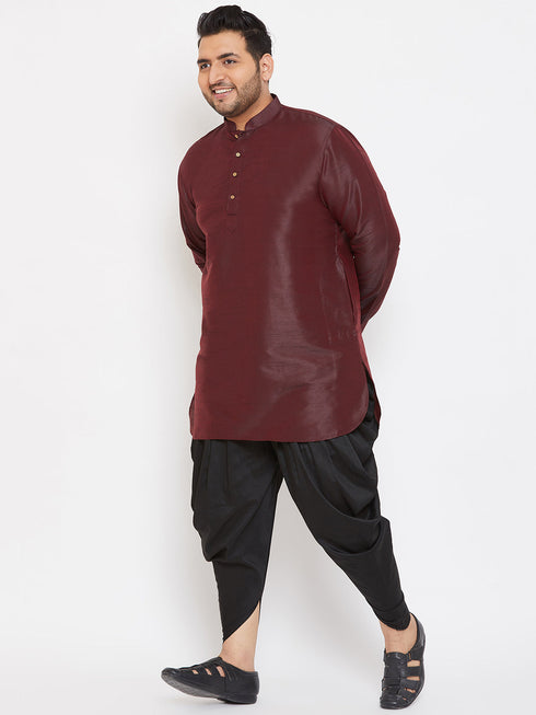 Vastramay Men's Plus Size Wine Silk Blend Curved Kurta Dhoti Set