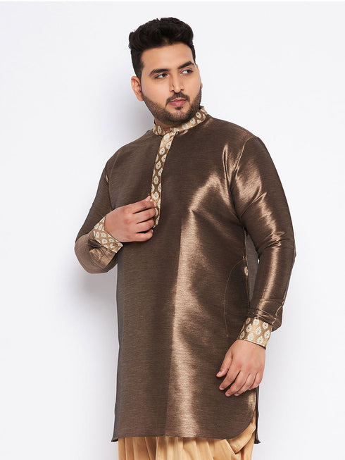 Vastramay Men's Plus Size Gold Silk Blend Curved Kurta