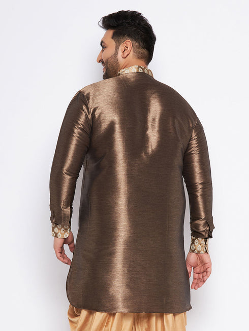 Vastramay Men's Plus Size Gold Silk Blend Curved Kurta