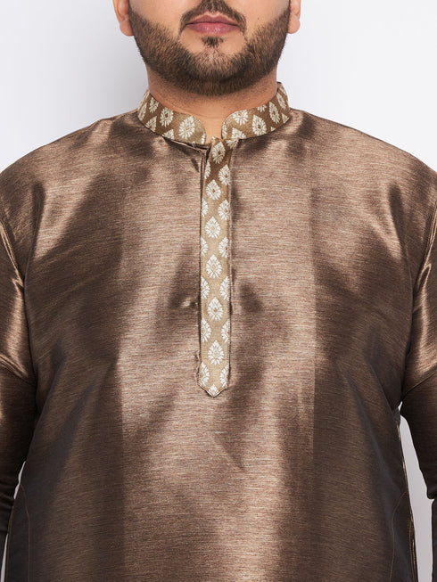 Vastramay Men's Plus Size Gold Silk Blend Curved Kurta