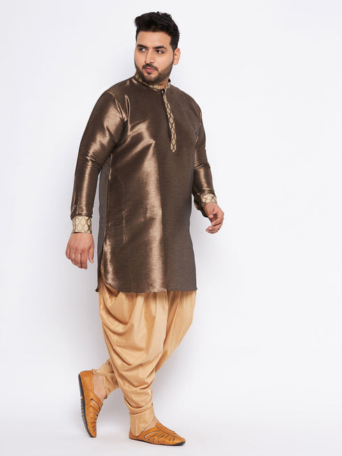 Vastramay Men's Plus Size Gold Silk Blend Curved Kurta And Dhoti Set