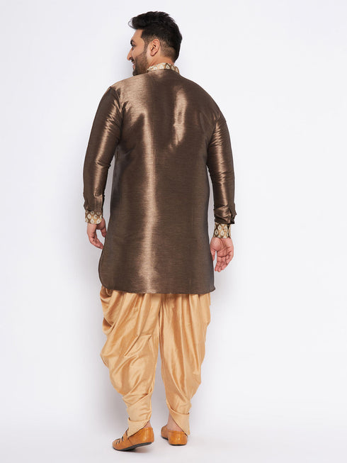 Vastramay Men's Plus Size Gold Silk Blend Curved Kurta And Dhoti Set
