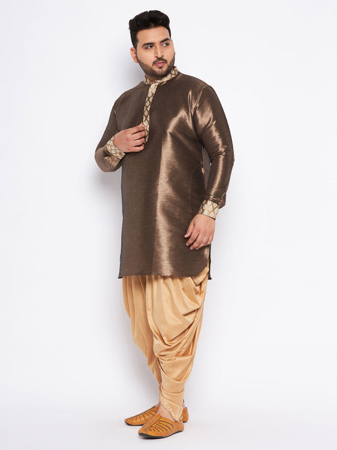 Vastramay Men's Plus Size Gold Silk Blend Curved Kurta And Dhoti Set
