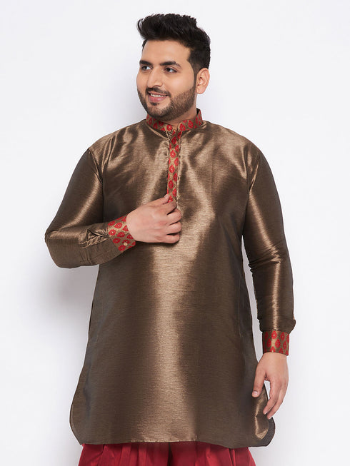 Vastramay Men's Plus Size Maroon Silk Blend Curved Kurta