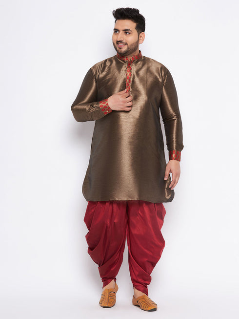Vastramay Men's Plus Size Maroon Silk Blend Curved Kurta And Dhoti Set