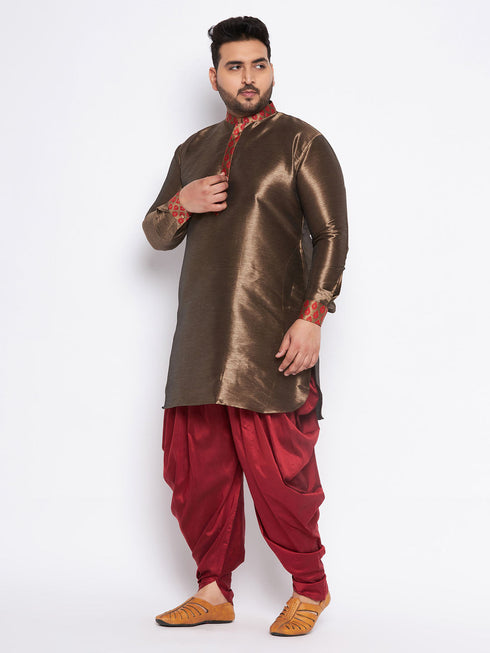 Vastramay Men's Plus Size Maroon Silk Blend Curved Kurta And Dhoti Set