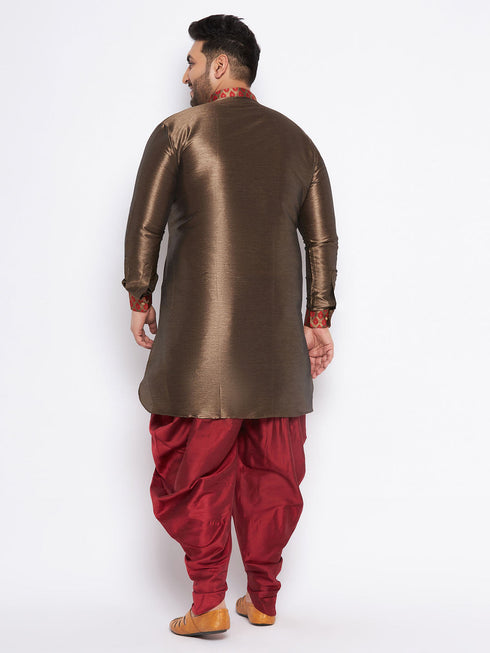 Vastramay Men's Plus Size Maroon Silk Blend Curved Kurta And Dhoti Set
